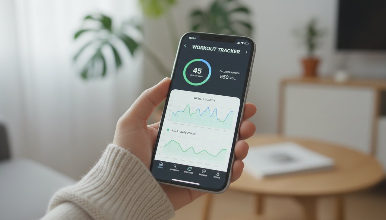 Smartphone interface app fitness workout tracking calories statistiques main lumineux