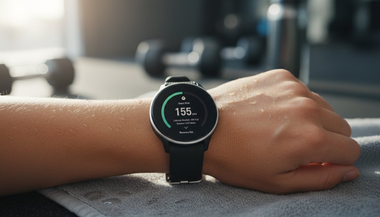 Smartwatch poignet femme données fitness après séance close-up natural lighting