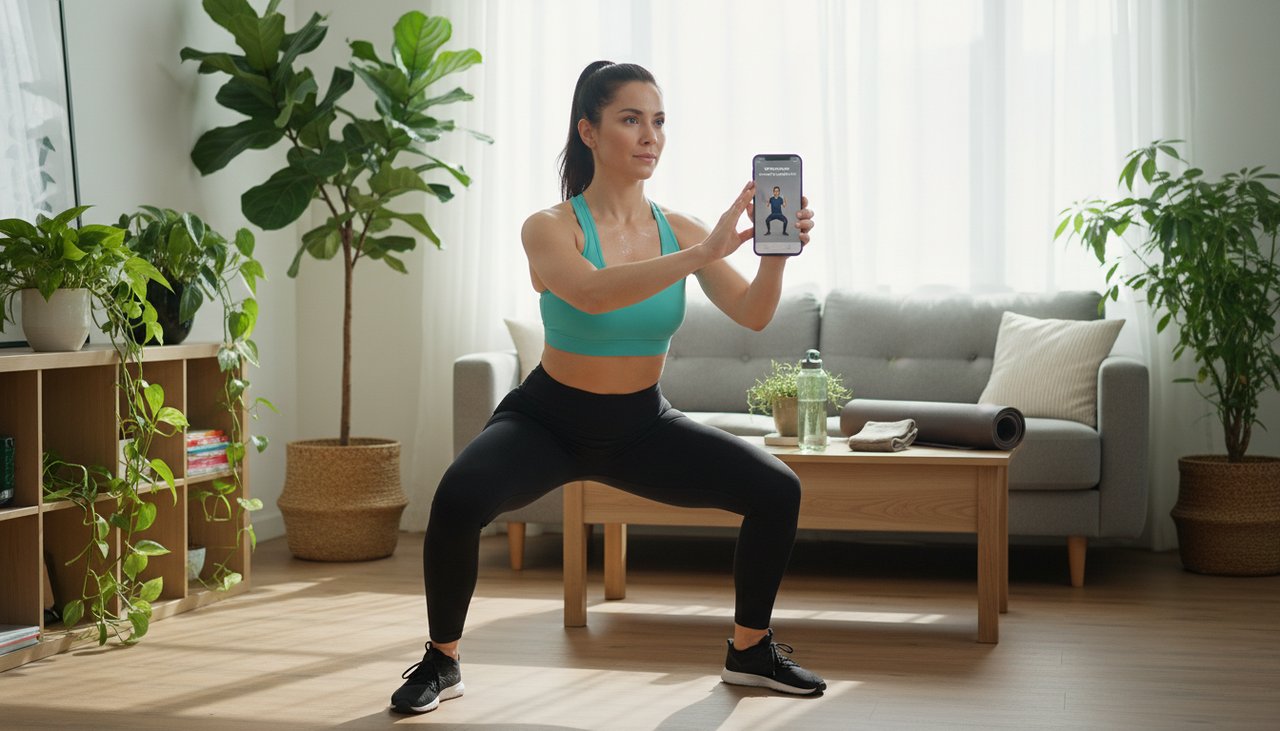 Femme 30 ans utilise app fitness smartphone salon entraînement plantes lumineux