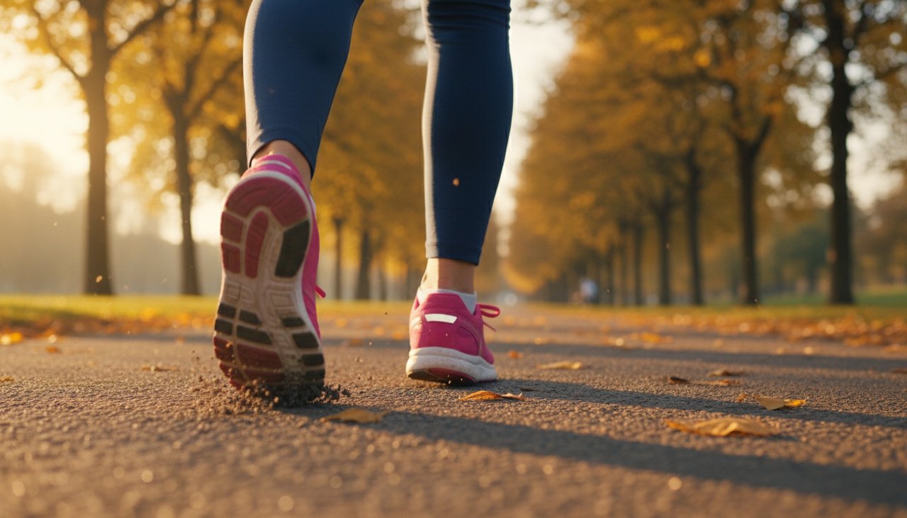 Baskets running femme rose action golden hour parc course mouvement dynamique sportive