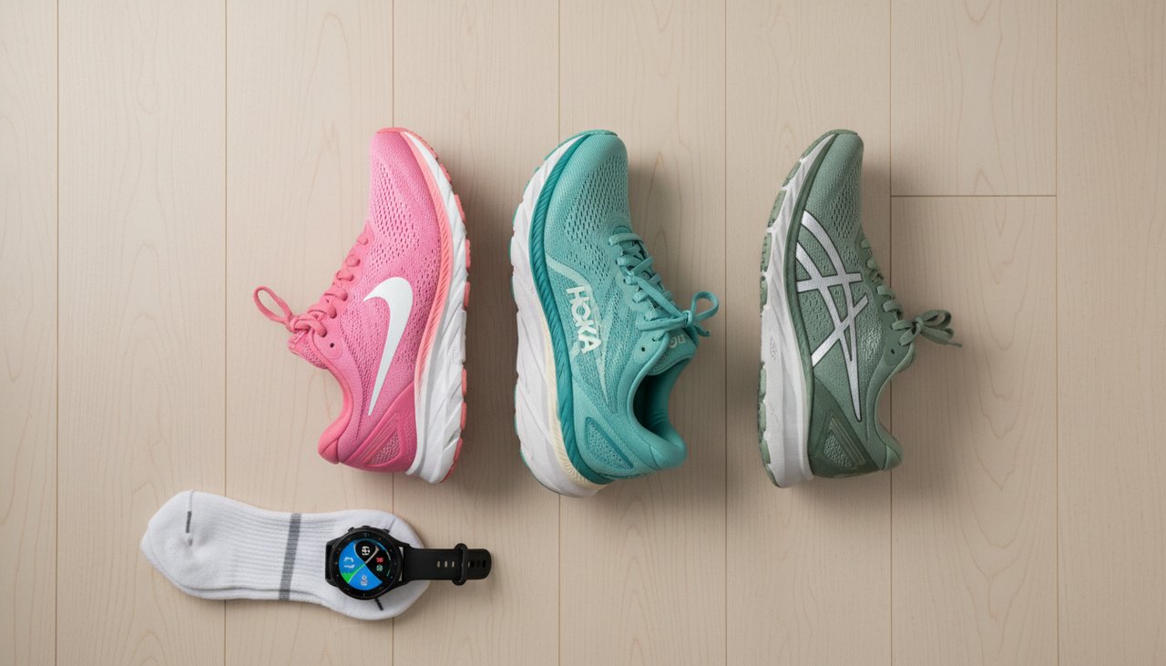 Trois baskets running femme rose teal sage Nike Hoka Asics chaussures vue dessus minimaliste