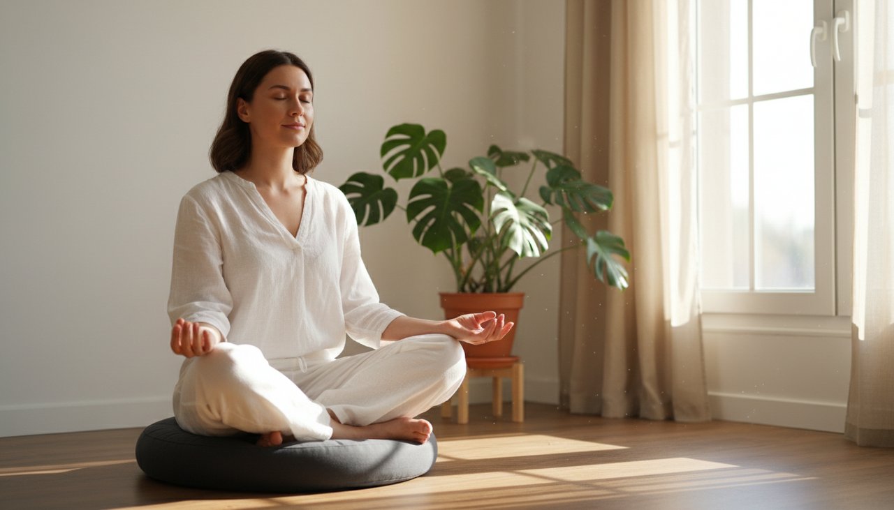 Femme méditation respiration coussin chambre lumineuse main genoux yeux fermés soft light