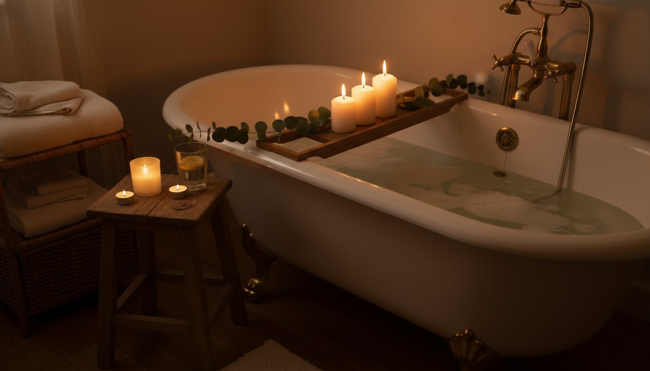 Bain ambiance cosy bougies sels feuilles eucalyptus serviettes lumière douce intimiste