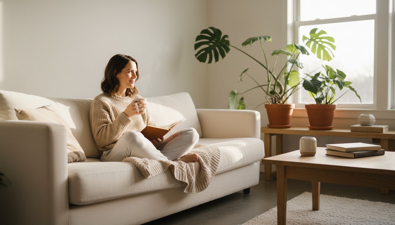 Femme 30 ans calme canapé tisane journal moment self-care lumineux salon scandinave