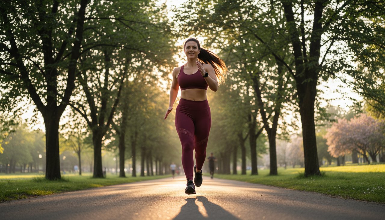 Femme curvy court parc tenue running brassière haute maintien morning light dynamique