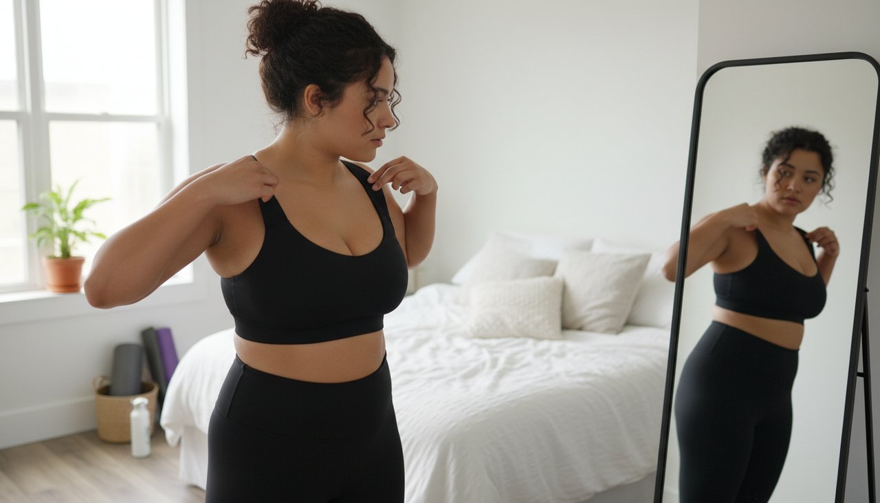 Femme ajuste bretelles brassière sport miroir chambre lumineuse fit support