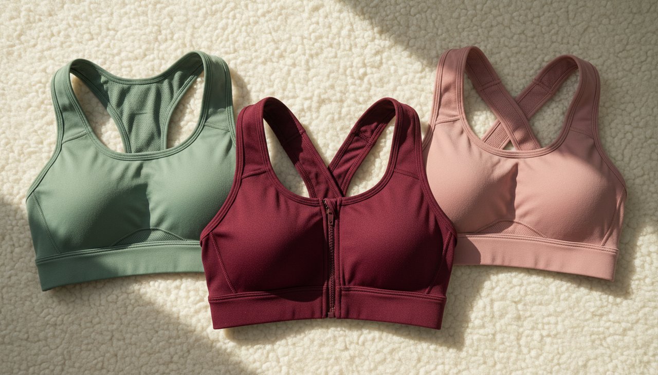 Trois brassières sport haut maintien bordeaux sage rose poudré vue dessus tissu