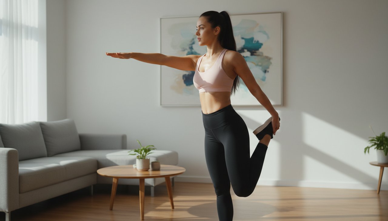 Femme étirement quadriceps salon tapis yoga assouplissement post-séance jambes