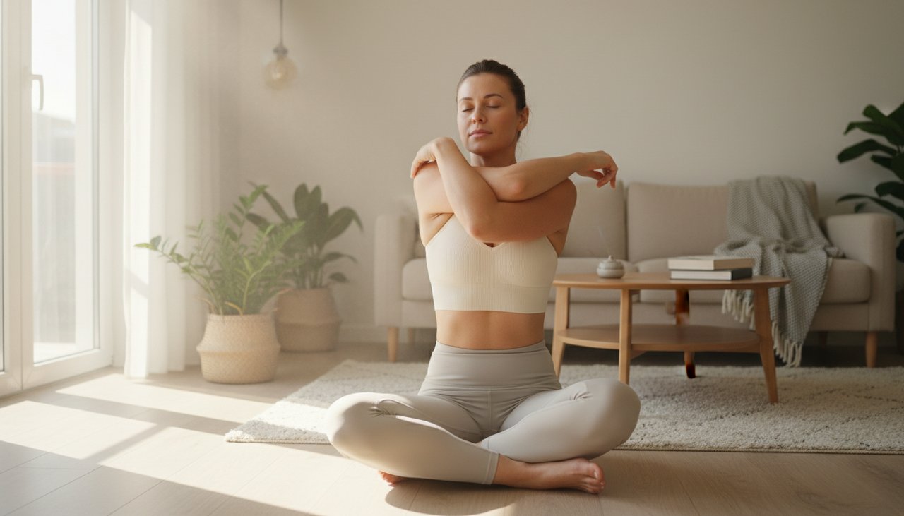 Femme étirements épaules dos haut corps salon yoga lumière naturelle relaxation