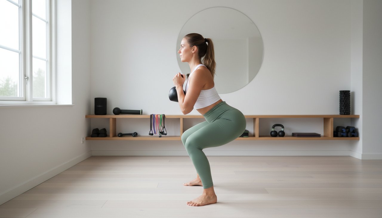 Femme exécute squat profond kettlebell home gym scandinave technique parfaite vue côté