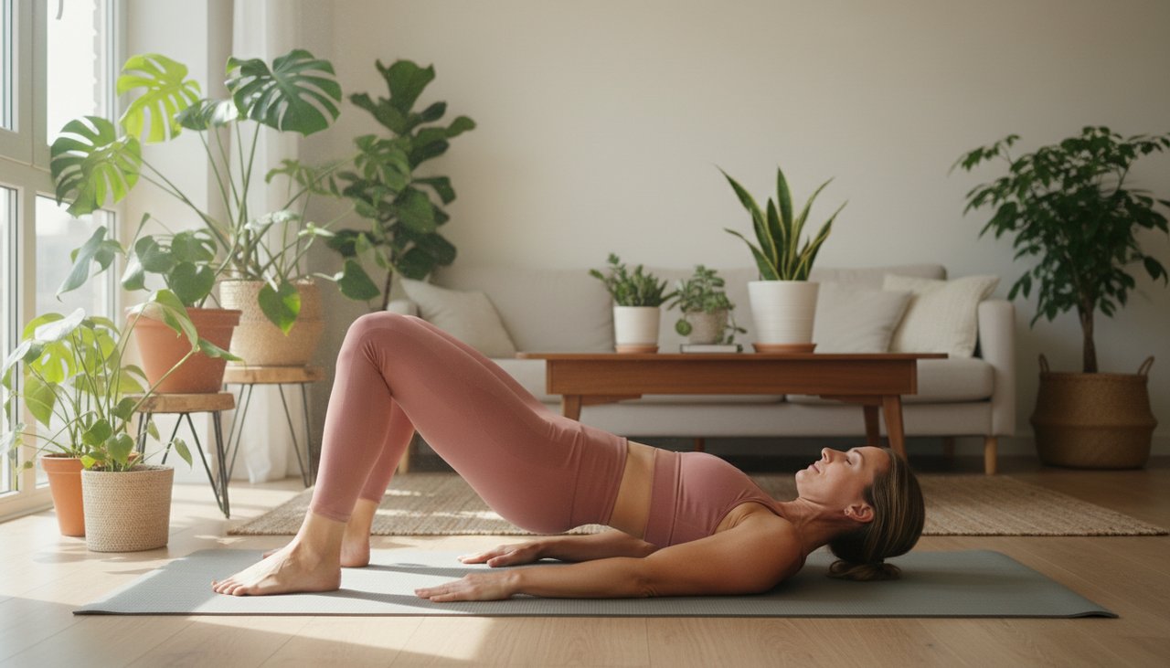 Femme exécute glute bridge fessiers exercice tapis salon lumineux activewear rose poudré