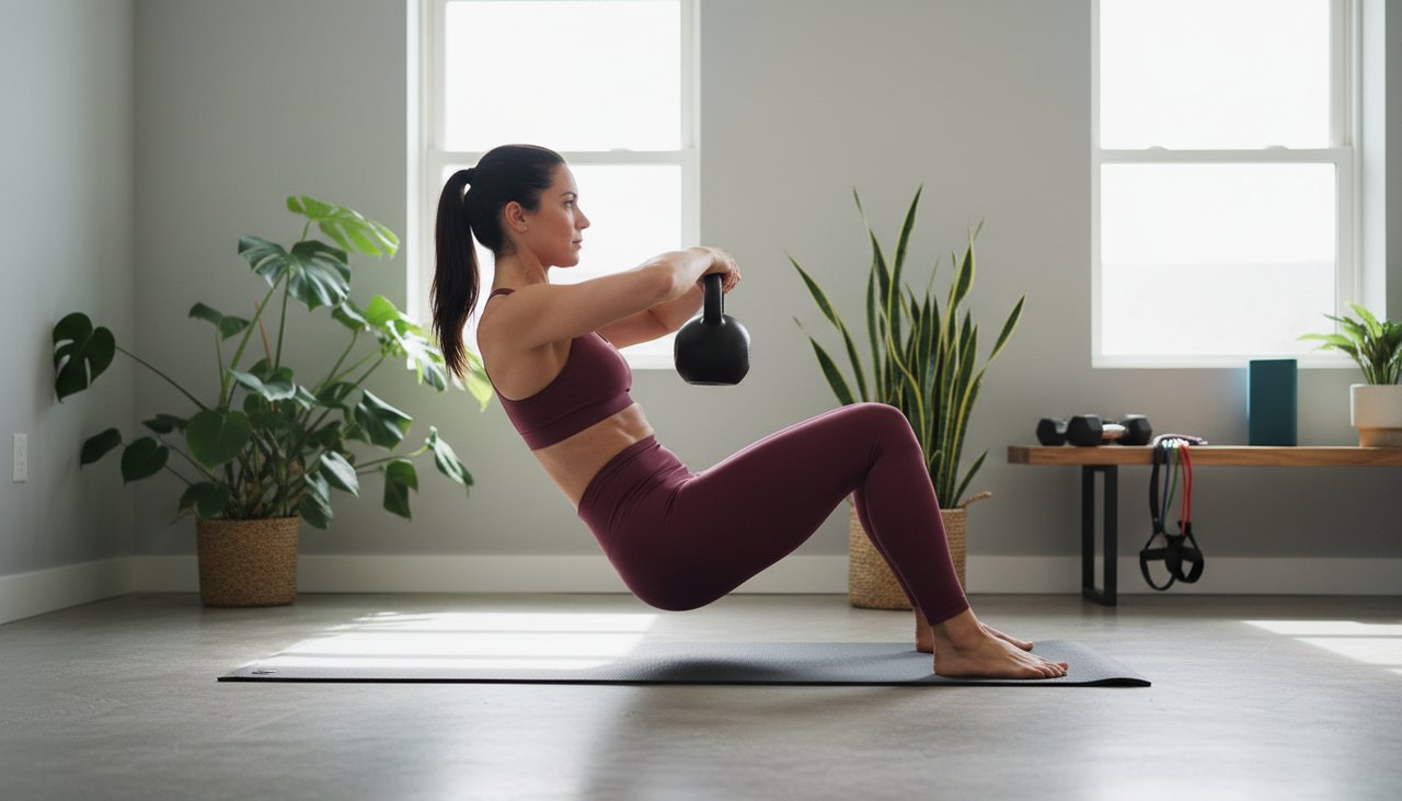 Femme 30 ans hip thrust kettlebell home gym lumineux brassière bordeaux concentration