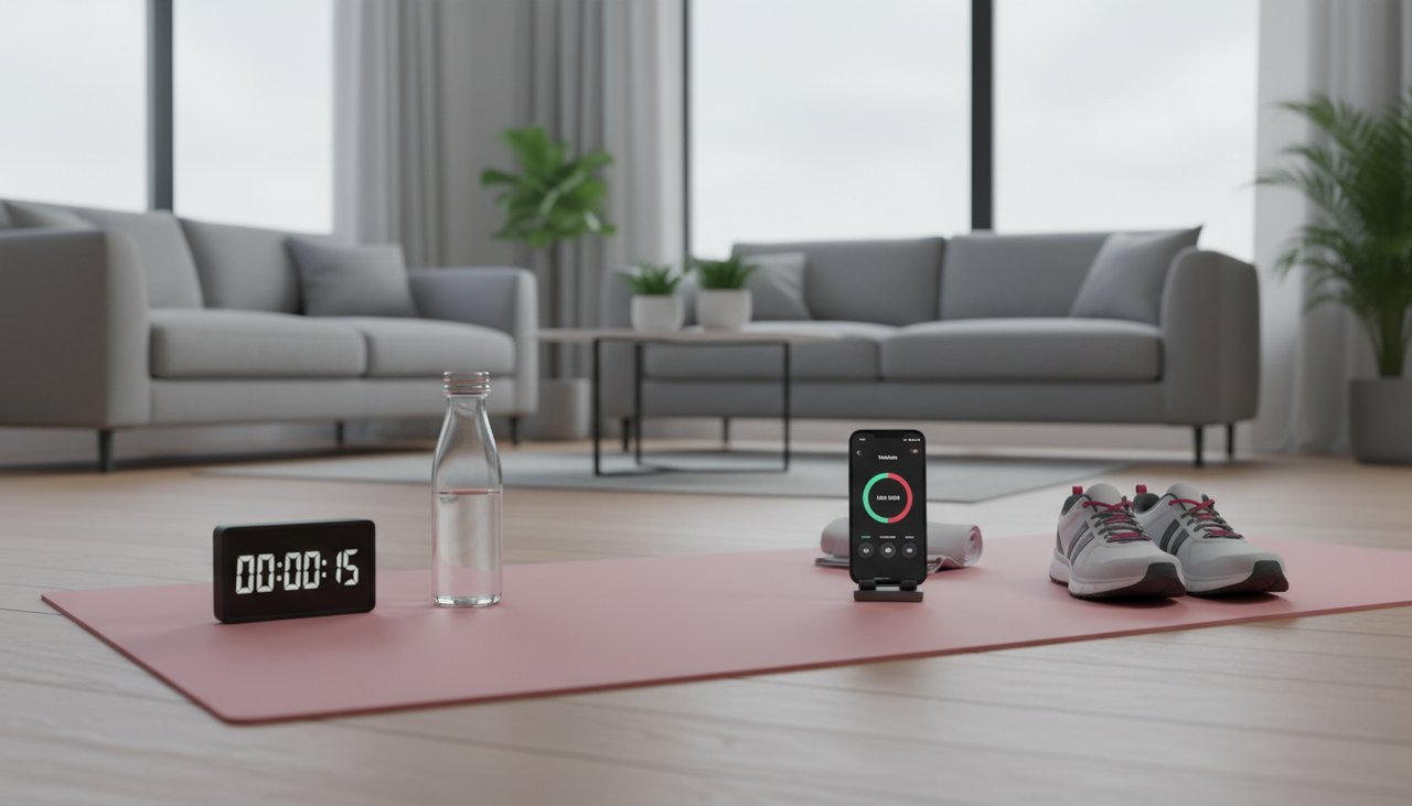 Plan séance HIIT chronomètre tapis bouteille eau salon lumineux femme préparation