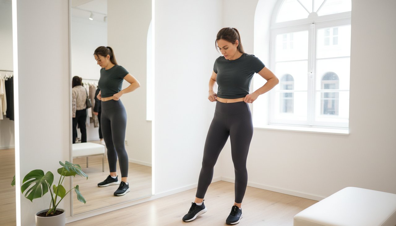 Femme essai legging high-waist taille haute miroir vestiaire boutique mode lumineux