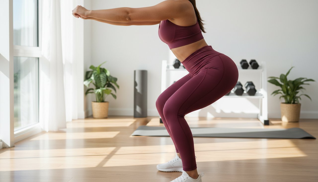 Femme legging bordeaux squat profond home gym vue côté technique fit garment movement