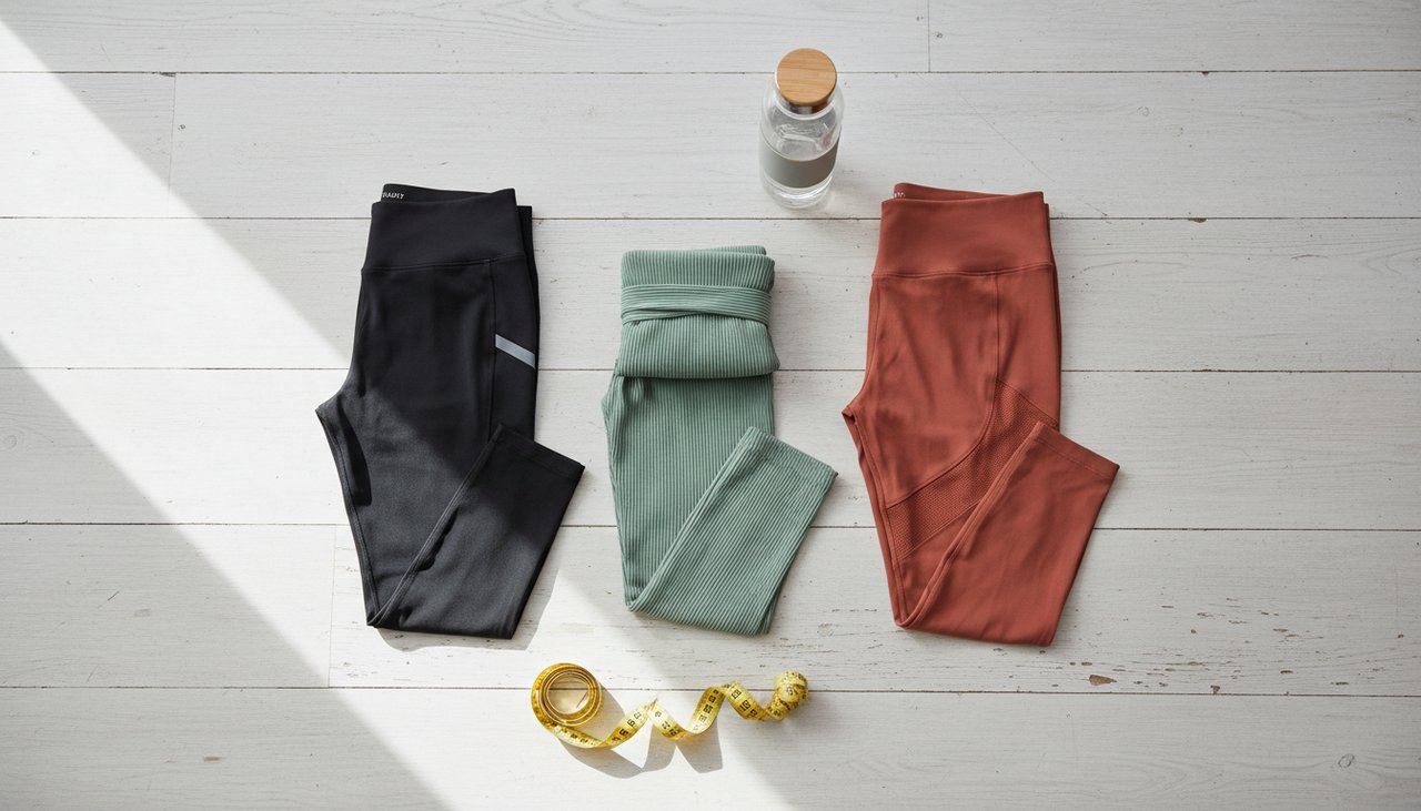 Trois leggings sport femme noir sage terracotta mètre gourde vue dessus minimaliste