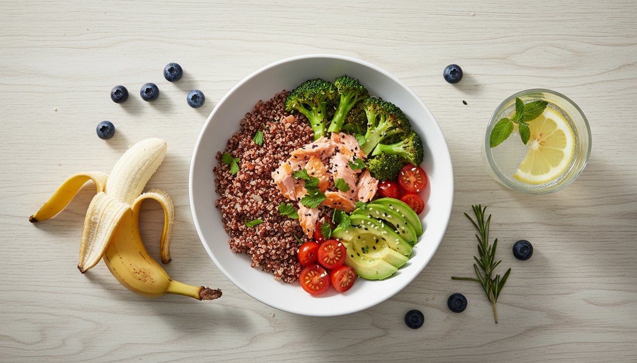 Repas sain post-running quinoa saumon avocat légumes vue dessus