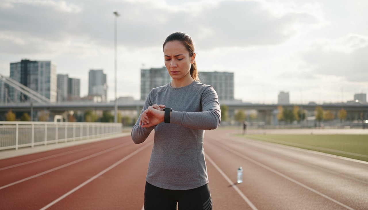 Femme vérifie smartwatch données fitness running track urbaine sportswear