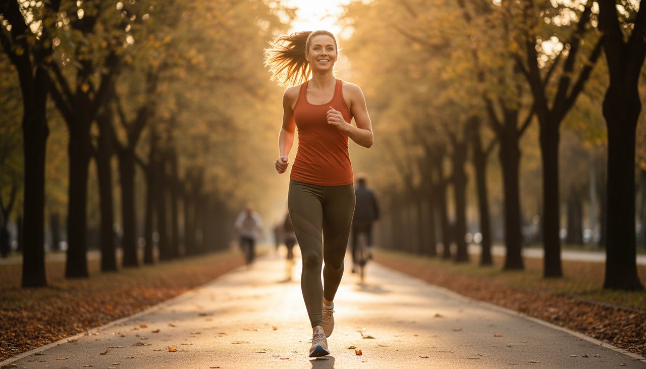 Femme 30 ans court parc golden hour tenue running confiante atmosphère motivante