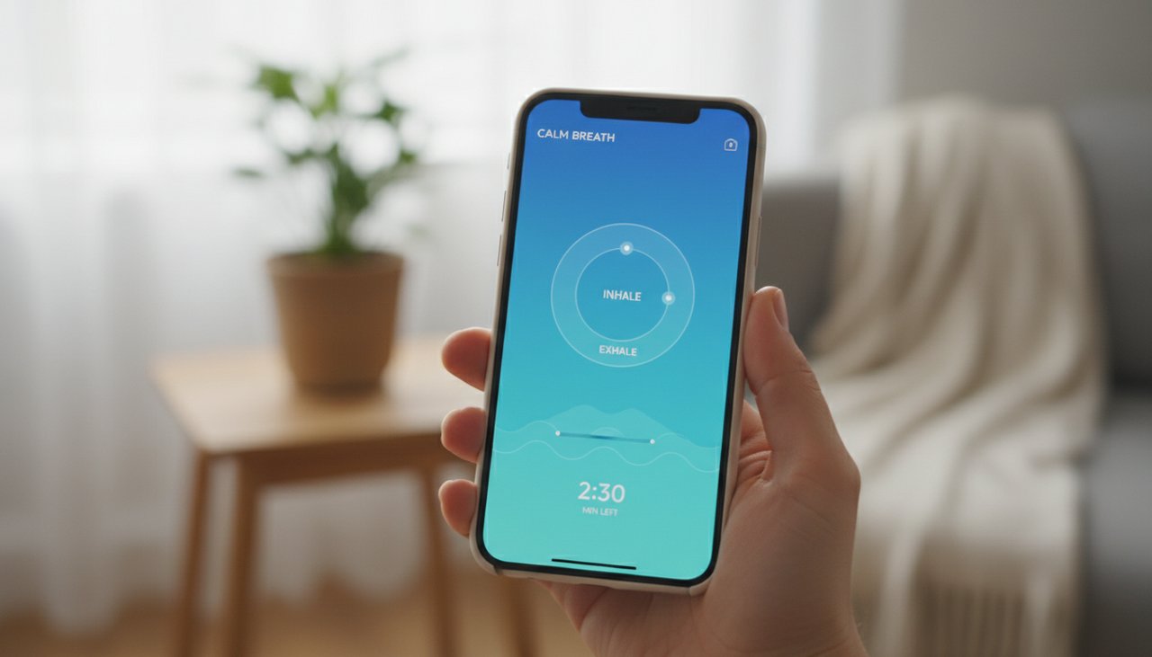 Smartphone interface app méditation guide respiration main lumineux atmosphère calme