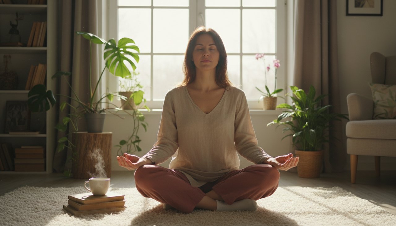 Femme méditation matin tasse thé fenêtre lumière douce zen quiet