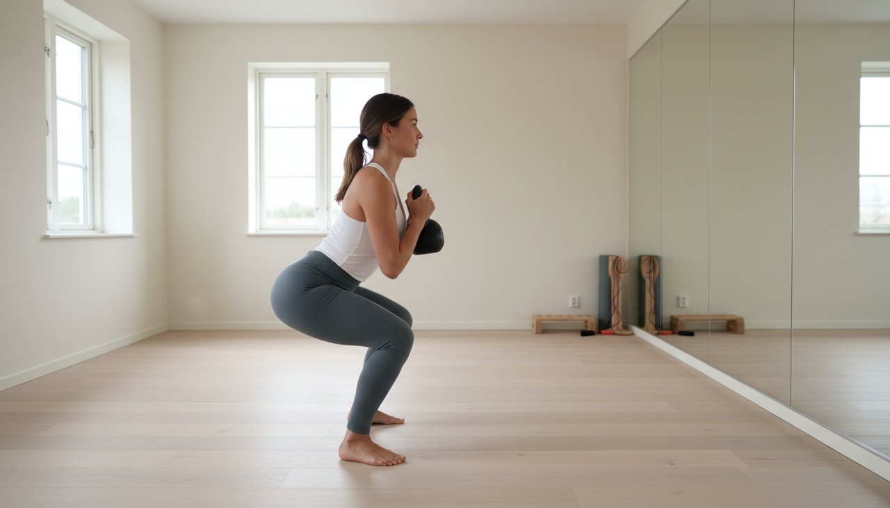Femme exécutant goblet squat parfait kettlebell home gym scandinave technique