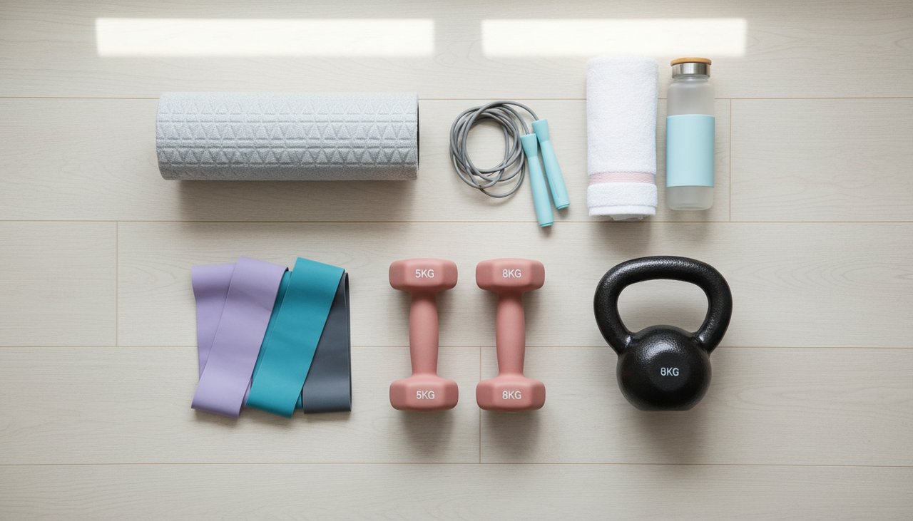 Équipement home gym femme haltères kettlebell bandes élastiques tapis vue de dessus minimaliste