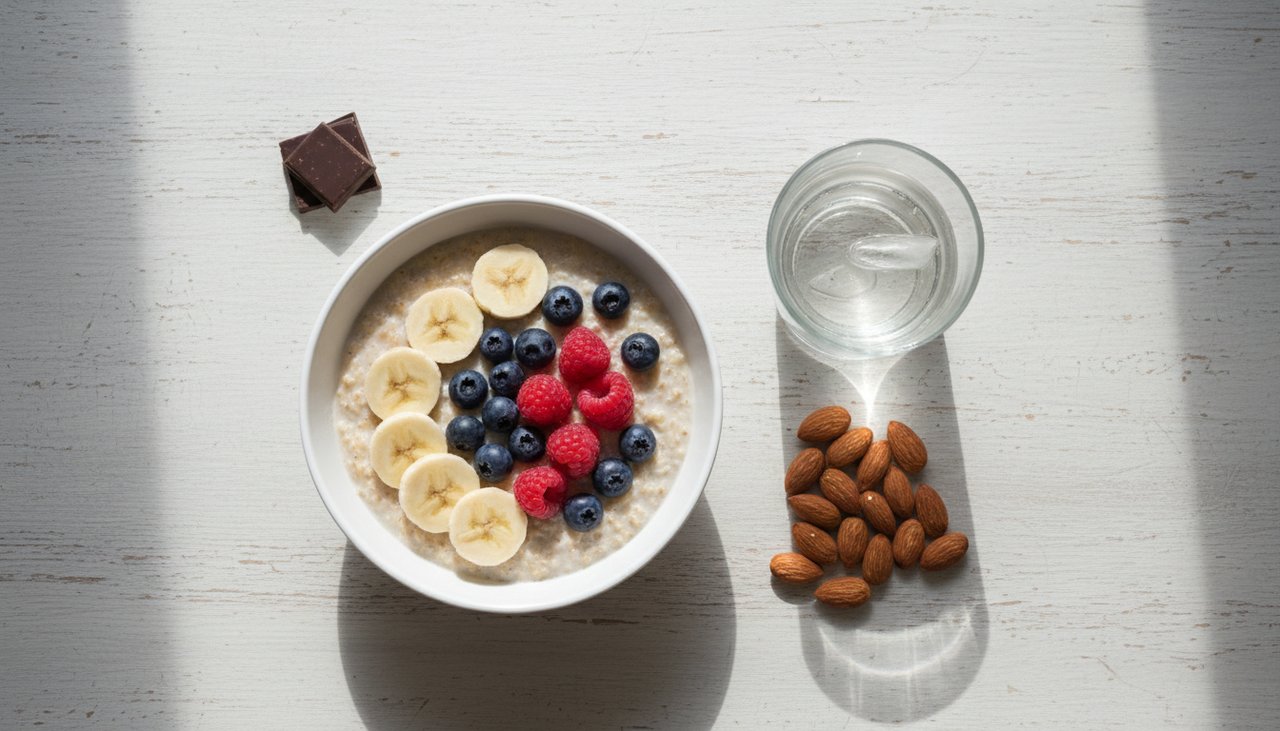 Pre-workout meal flocons avoine banane baies eau amandes chocolat surface bois minimaliste
