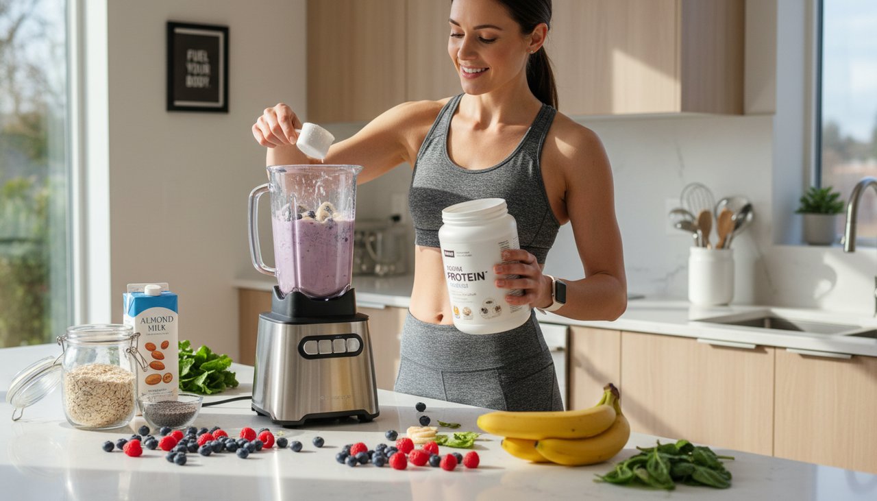 Femme prépare smoothie protéiné post entraînement blender baies banane avoine cuisine moderne