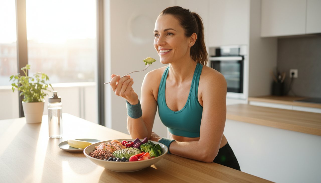 Femme 30 ans bowl post-entraînement saumon avocat quinoa baies cuisine moderne