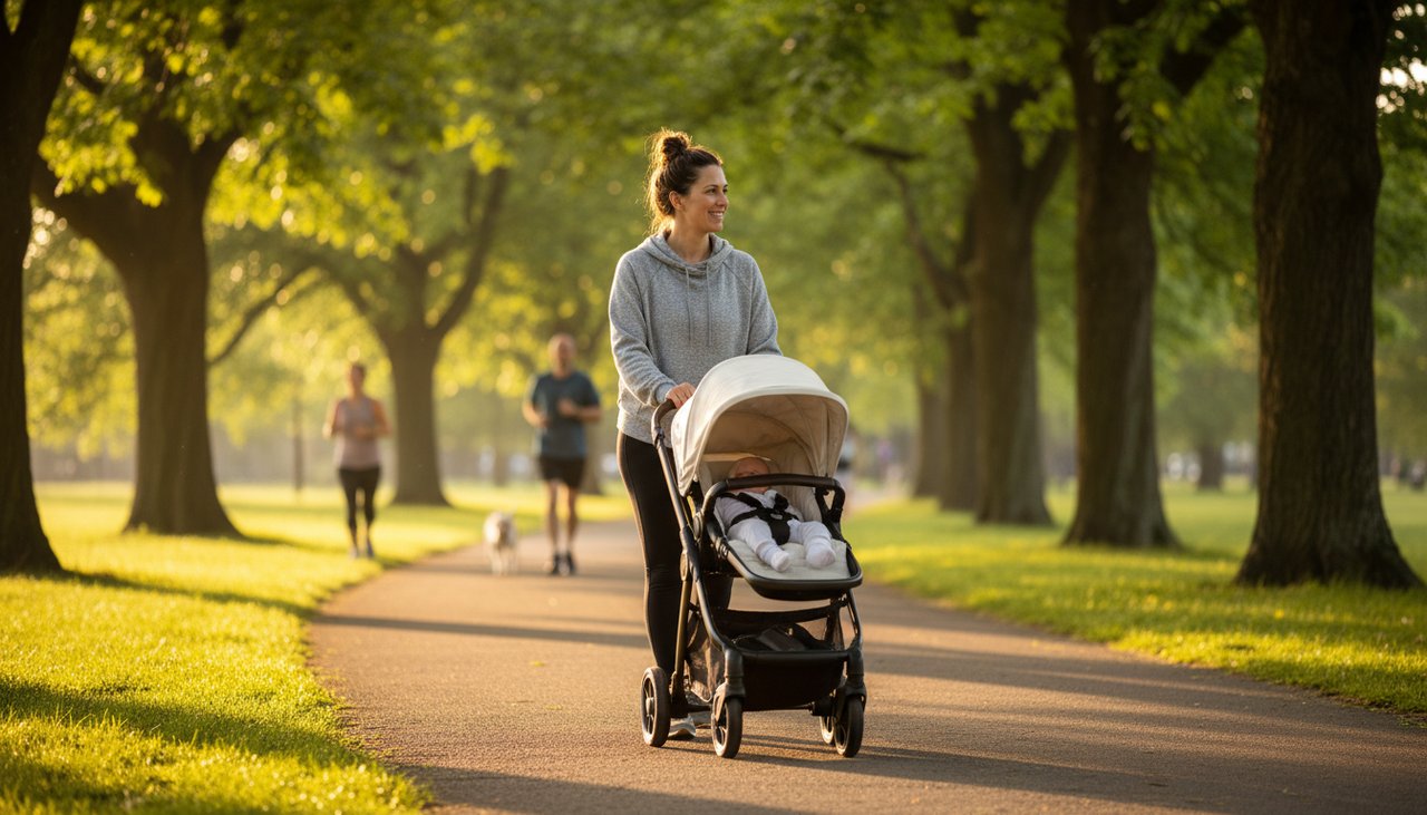 Mère 30 ans avec bébé poussette parc soleil sportswear léger marche post-partum