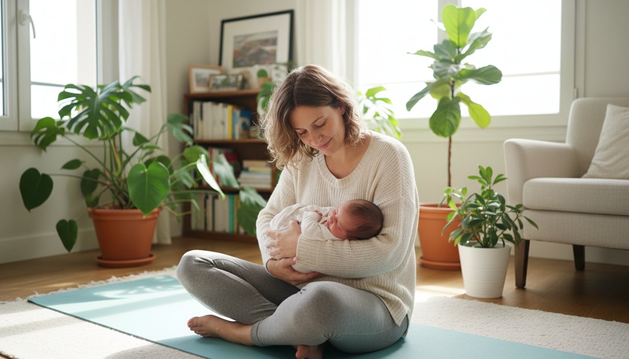 Mère 30 ans bébé yoga mat salon lumineux postpartum maternité douce
