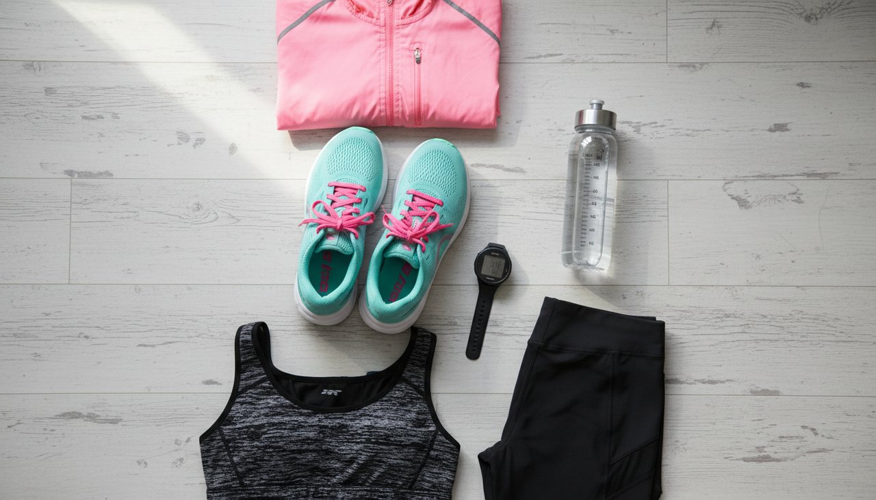Équipement running femme : chaussures coussinées teal montre GPS gourde veste pink leggings vue dessus