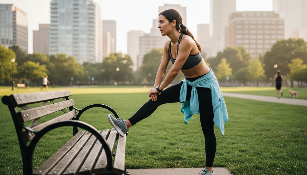 Femme étirements post-course running parc lawn matin urbain