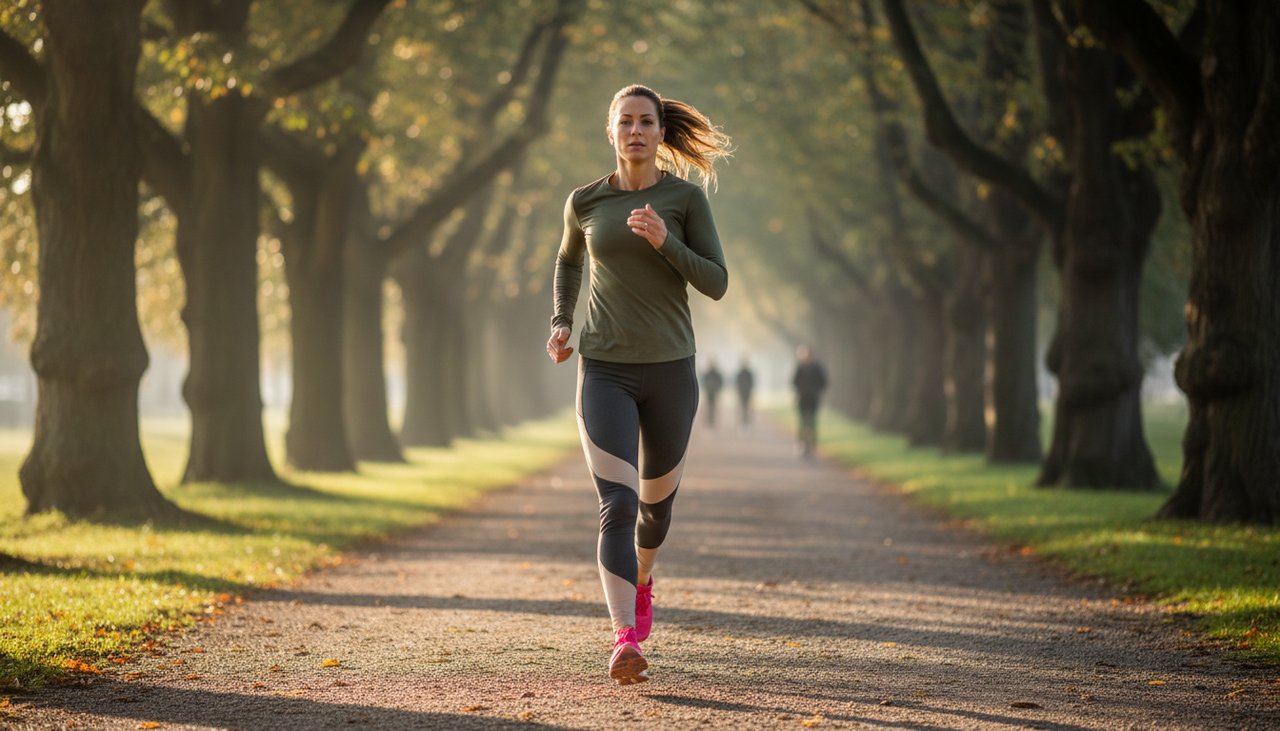 Femme courant sentier parc tenue running matin lumière atmosphère motivante