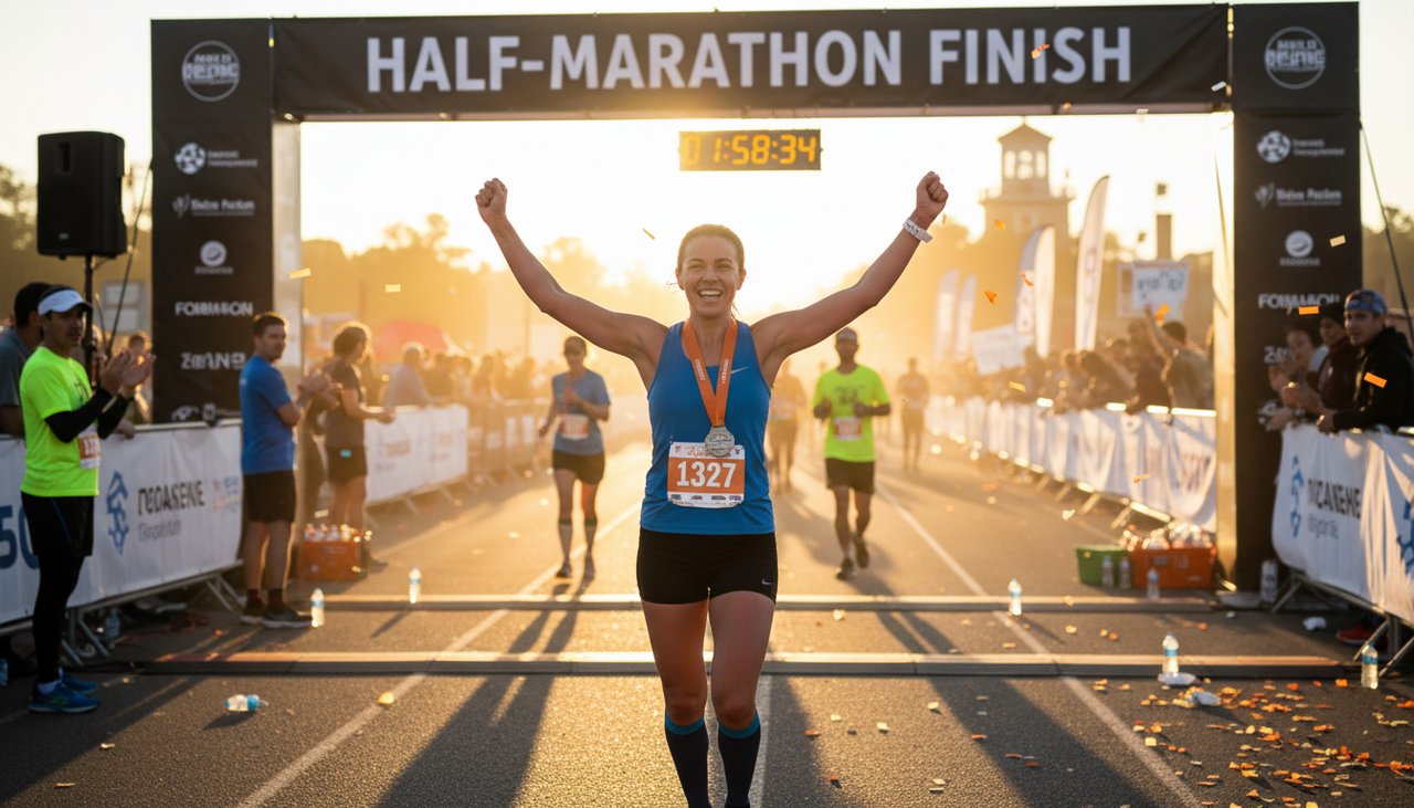 Femme passe ligne arrivée semi-marathon bras levés joie golden hour victoire