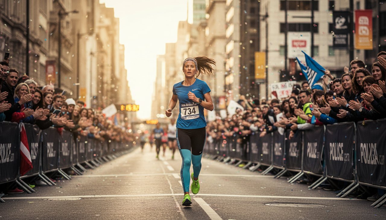 Femme 30 ans court avenue ville course semi-marathon foule dossard détermination