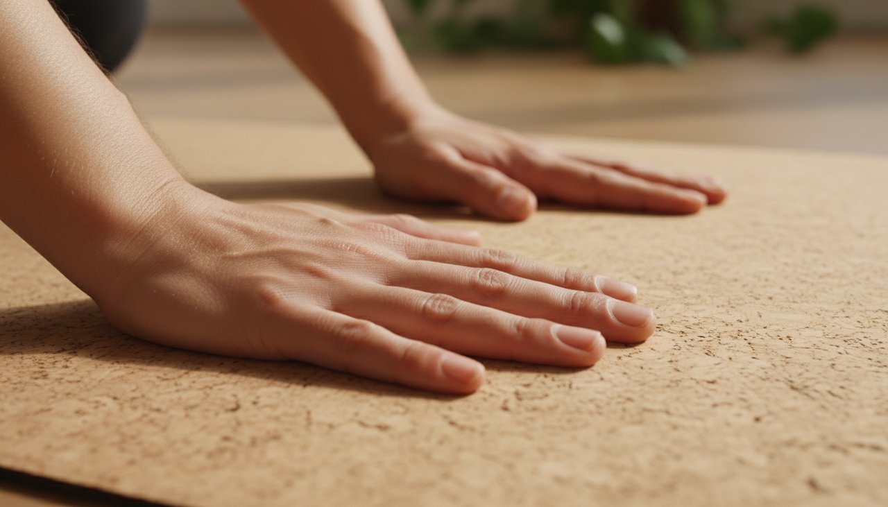Macro détail surface texturée tapis yoga liège mains adhérence grip lumière naturelle