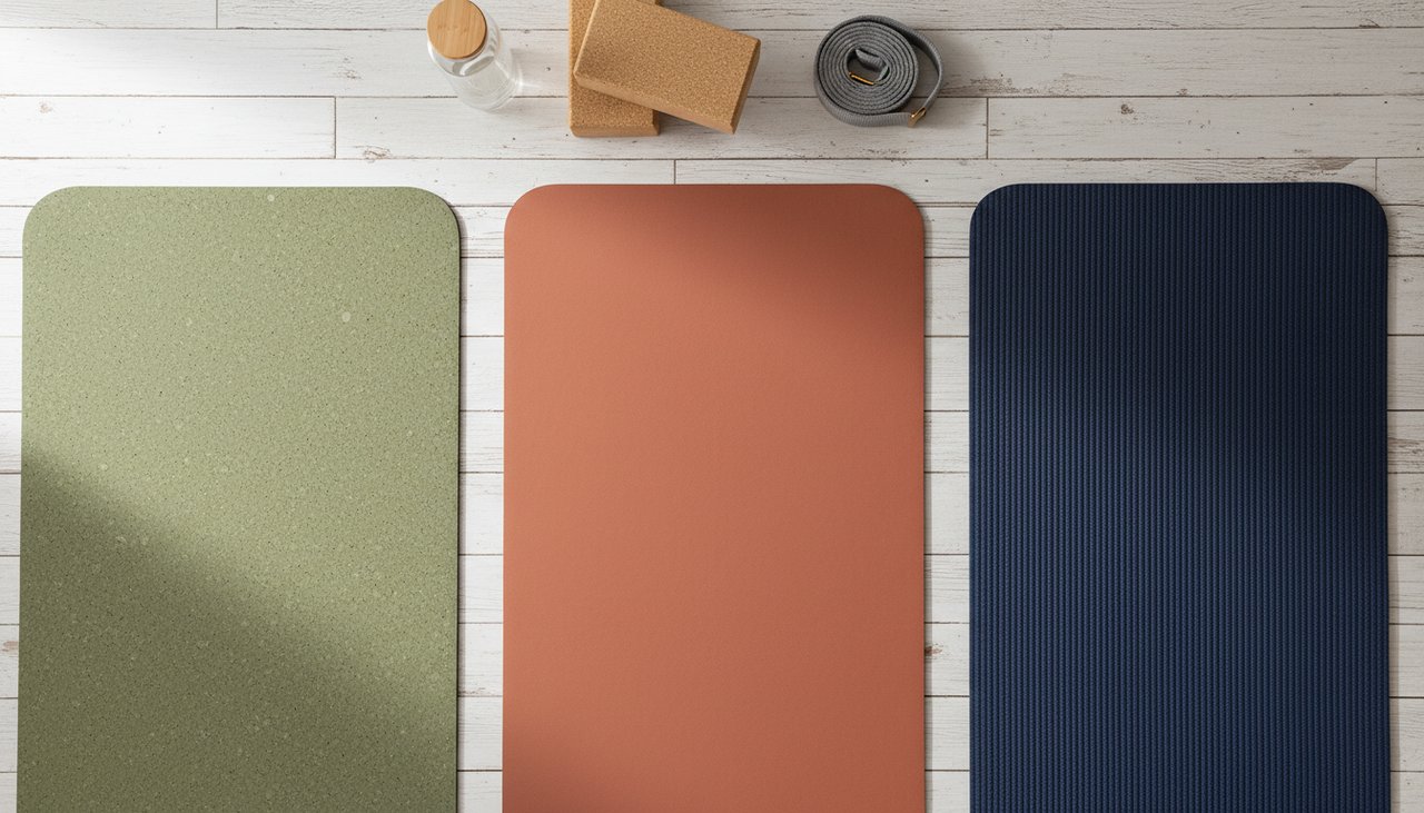 Trois tapis yoga liège vert sage caoutchouc terracotta TPE marine vue dessus accessoires