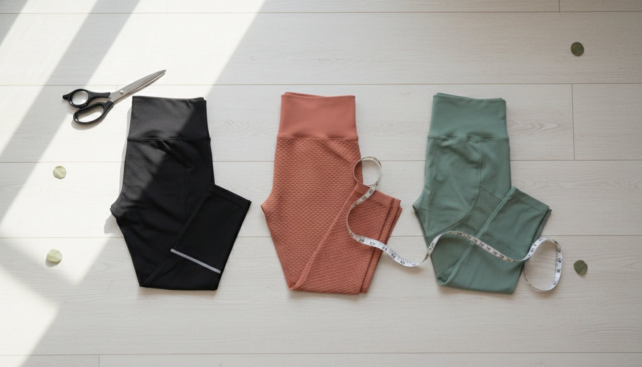 Trois leggings sport femme noir terracotta sage taille haute vue dessus