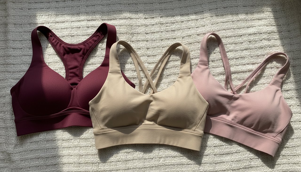 Trois brassières sport femme bordeaux beige rose poudré différents niveaux maintien
