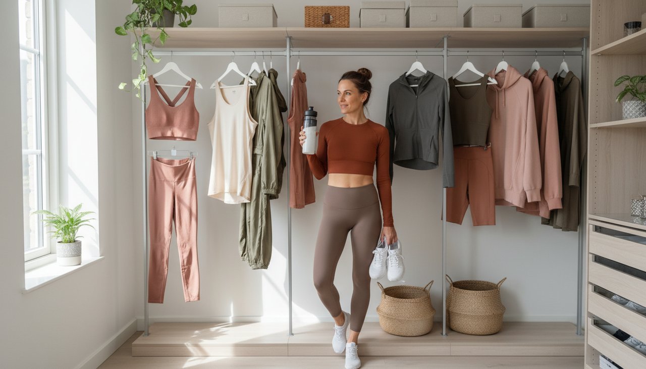 Femme dressing organisé tenues sportives variées yoga running gym tons terre rose