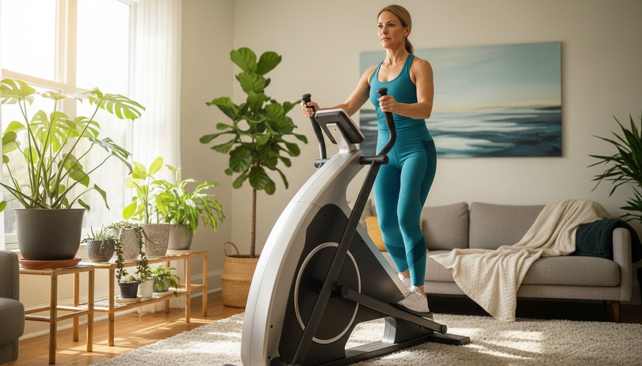 Femme 40 ans utilise vélo elliptique salon lumineux focus sportswear motivante