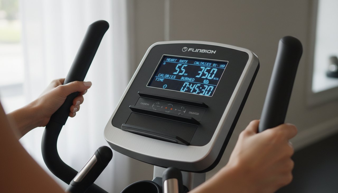 Console vélo elliptique données fitness fréquence cardiaque calories temps mains poignées