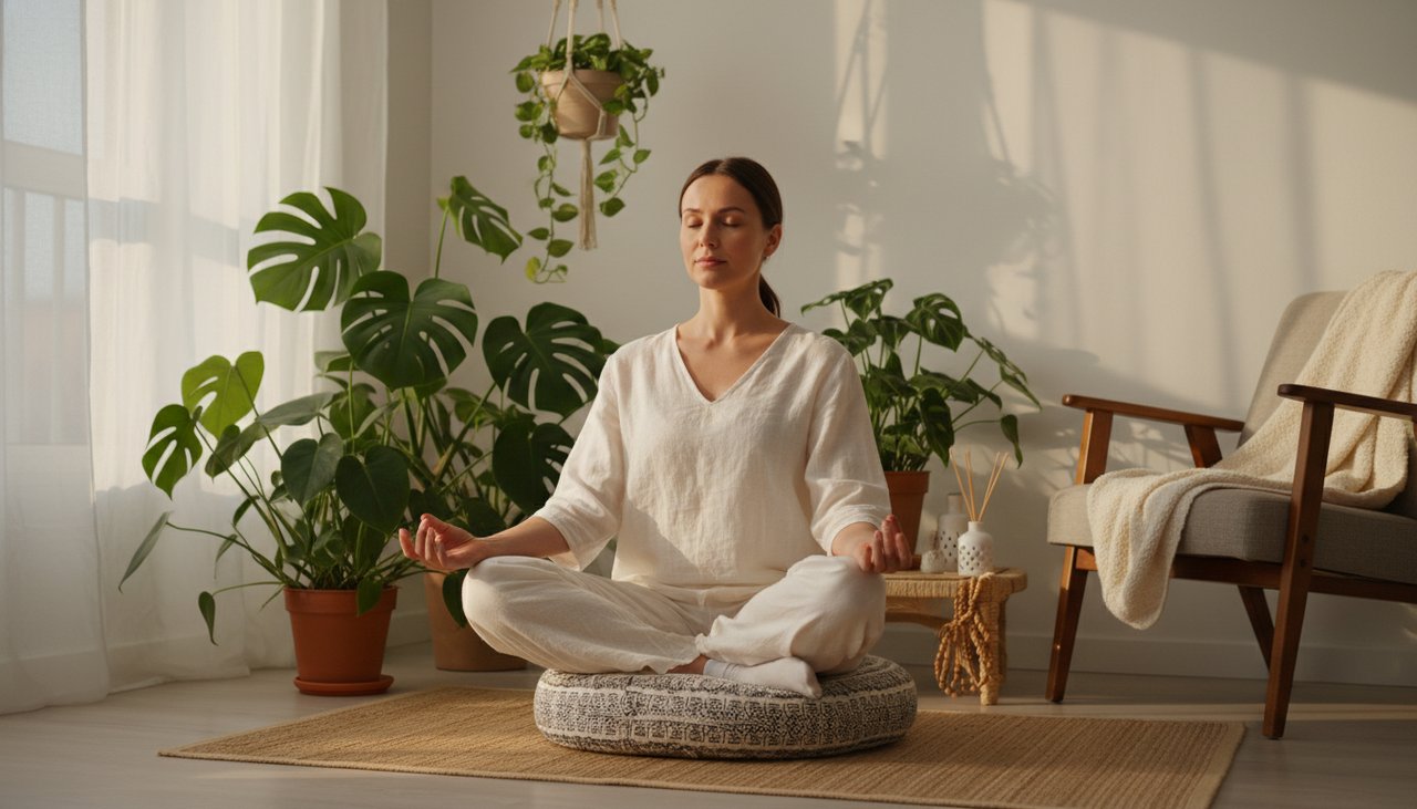 Femme en méditation sur coussin dans un coin lumineux de salon, posture des mains en mudra