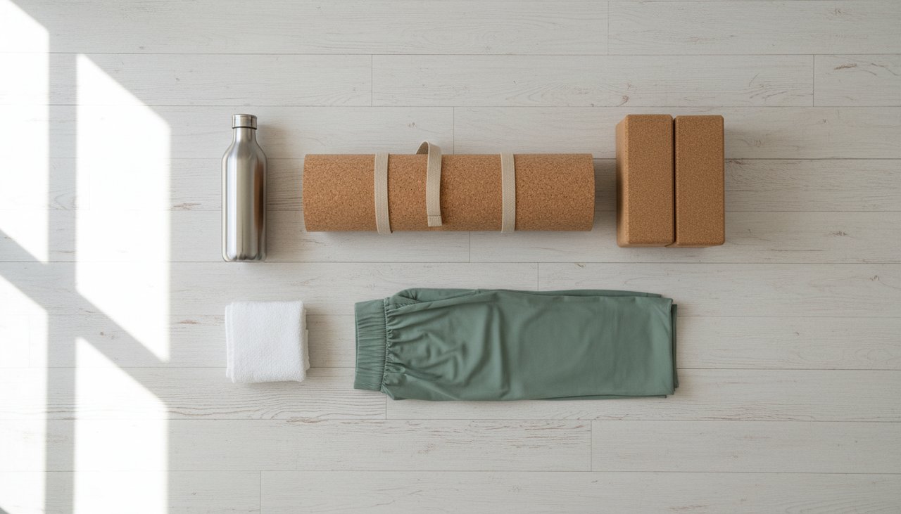 Équipement yoga débutant : tapis liège, blocs, sangle, gourde inox vue de dessus
