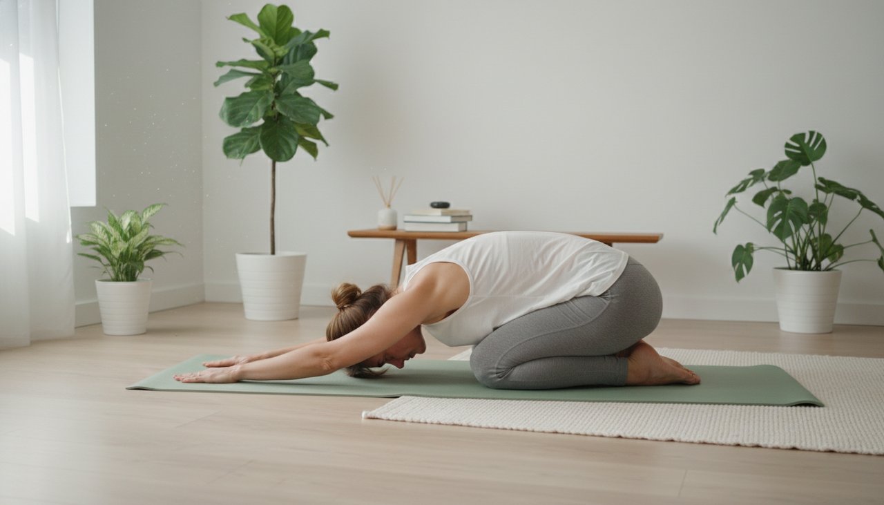 Femme posture child yoga tapis sage salon lumineux relief lower back