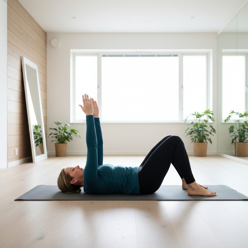 Femme en position dead bug pour gainage profond