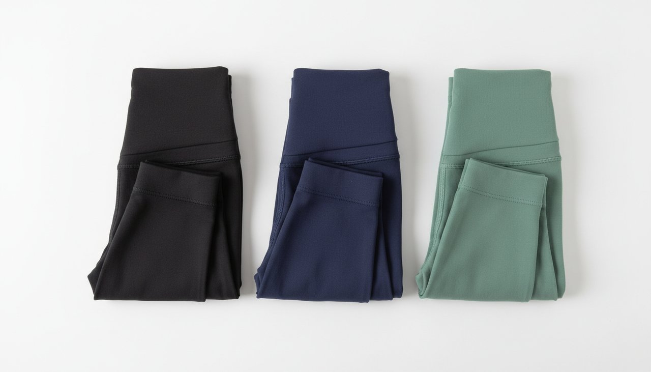 Trois leggings de yoga de differentes couleurs poses sur un meuble blanc minimaliste