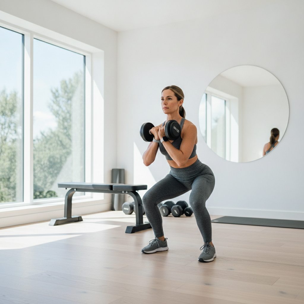 Femme exécutant un squat gobelet avec haltère, exercice clé du programme renforcement musculaire femme